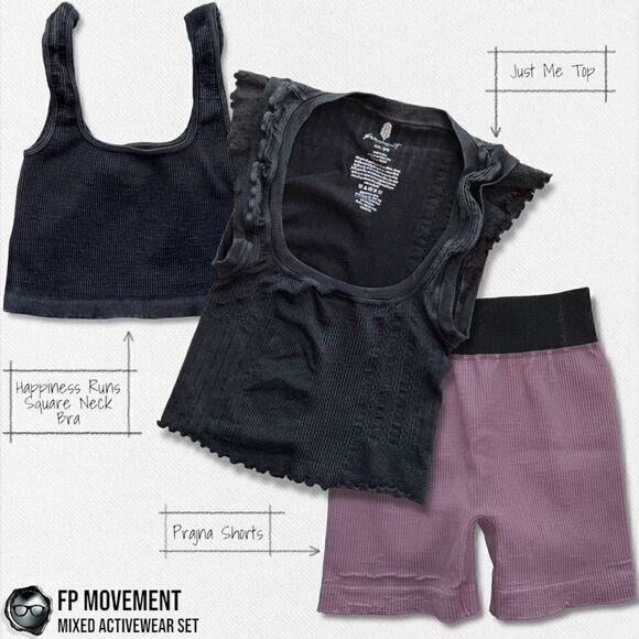 FP MOVEMENT SET: HAPPINESS RUNS SQUARE NECK BRA + JUST ME TOP + PRAJNA SHORTS S - Picture 1 of 16